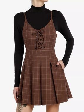 Plaid Lace-Up Brown Mini Dress